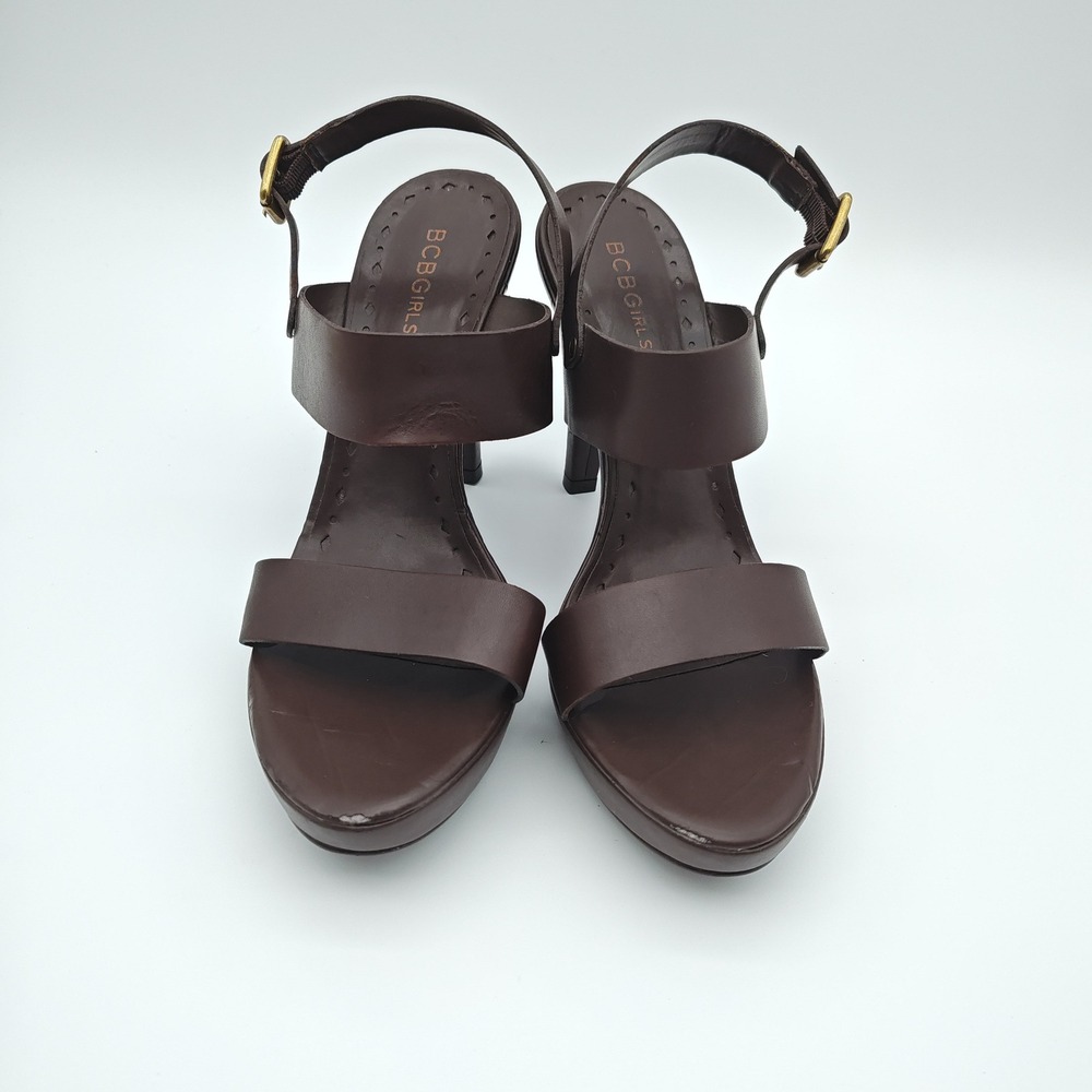BCBGirls Brown Leather Platform Slingback Sandals Heels Womens 8.5 B 38.5